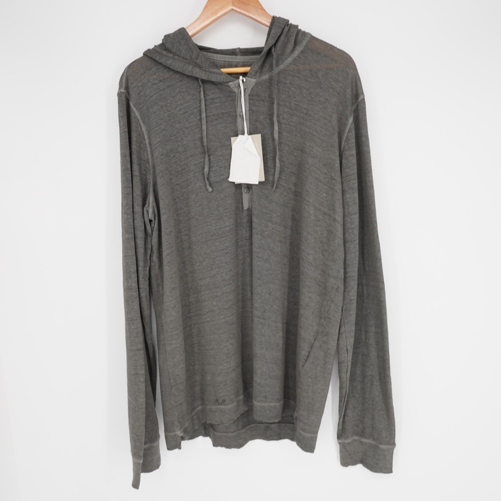 120% Lino Long Sleeve Hooded Shirt Men 3XL Gray Linen Beach Luxury Henley FLAWS